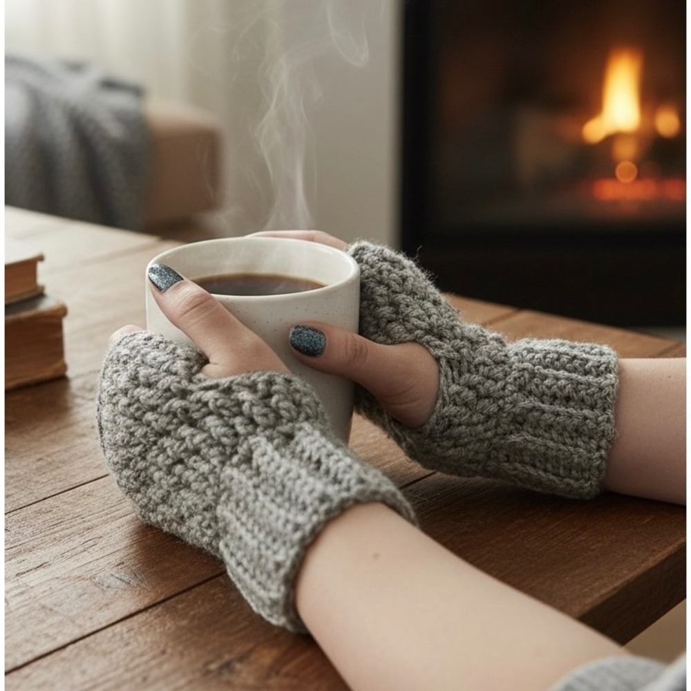 Handmade Grey Crochet Fingerless Gloves Women One Size Tweed Acrylic Yarn